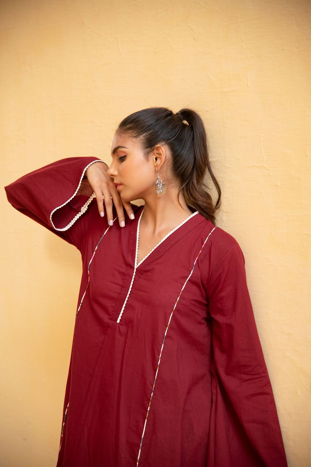 Bing Cherry Maroon V Neck Kurta In Bell Sleeves With Straight Pant