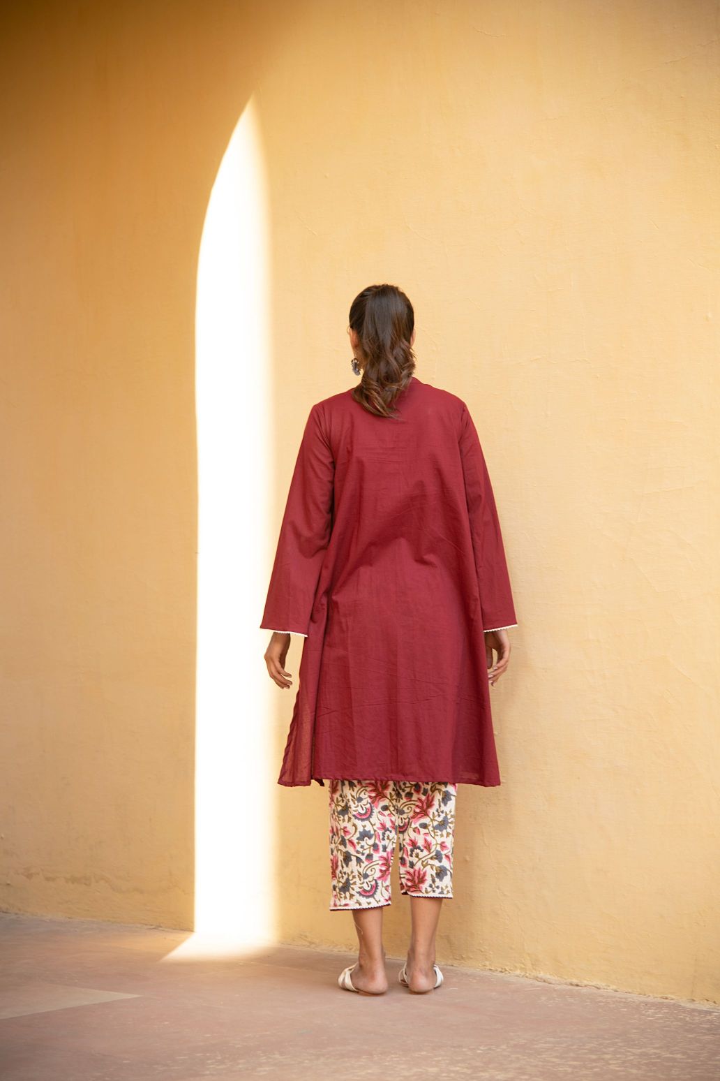 Bing Cherry Maroon V Neck Kurta In Bell Sleeves With Straight Pant