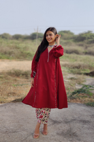 Bing Cherry Maroon V Neck Kurta In Bell Sleeves With Straight Pant