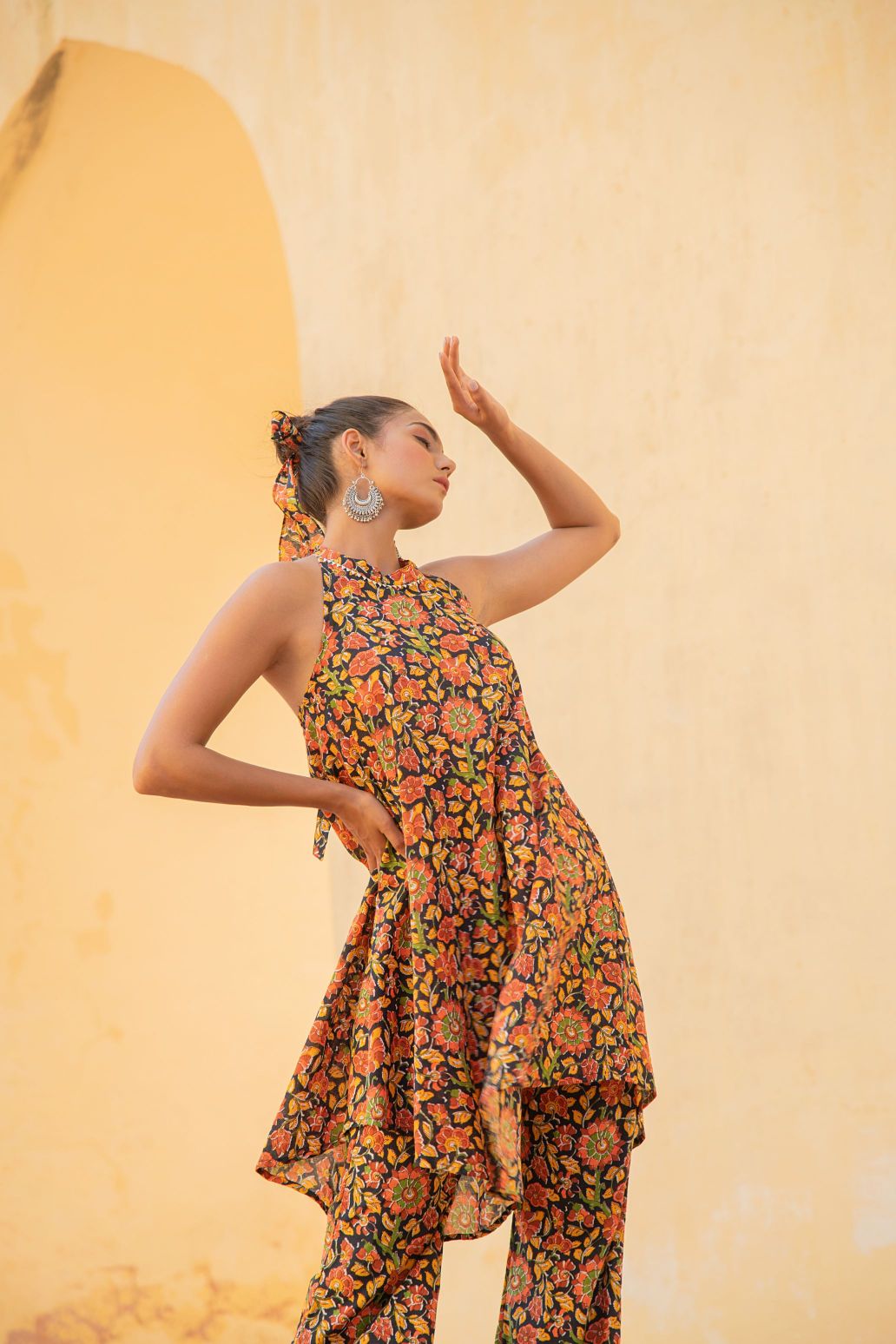 Evening Blue Halter Neck Kurta with Flared Pants