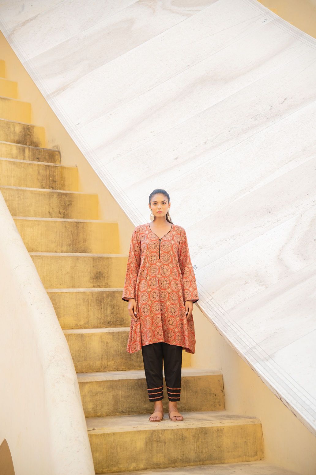 Burnt Orange Ajrak	Neck Detailing Kurta With Black Beauty Pant Set - Kaoribyshreya