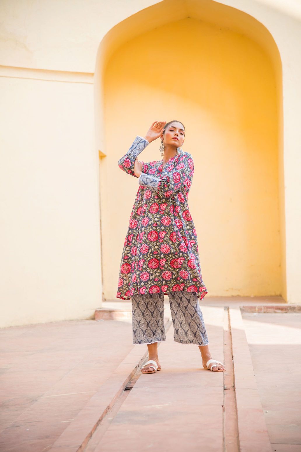 Pink Purple Floral Kurta with Geometry Print Short Pant Set