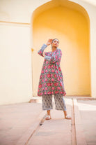 Pink Purple Floral Kurta with Geometry Print Short Pant Set
