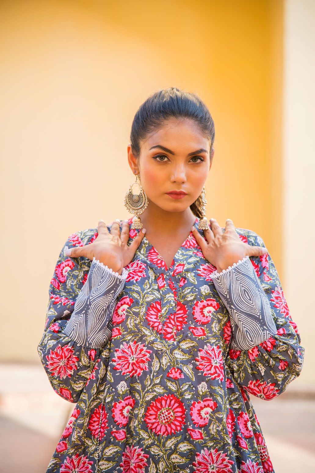 Pink Purple Floral Kurta with Geometry Print Short Pant Set