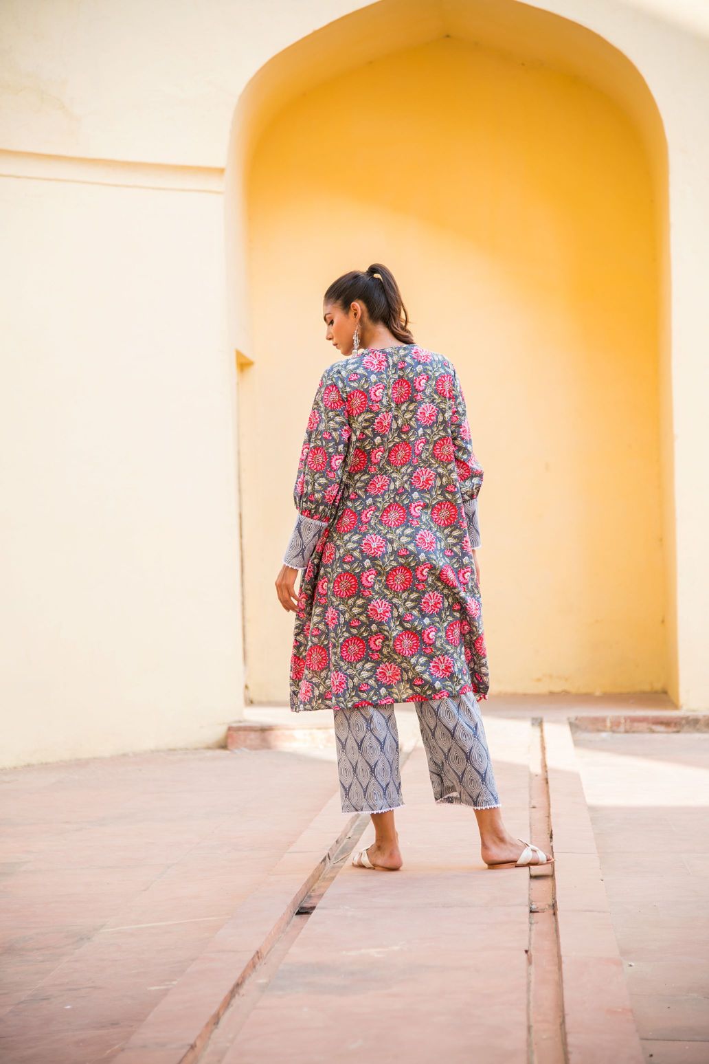 Pink Purple Floral Kurta with Geometry Print Short Pant Set