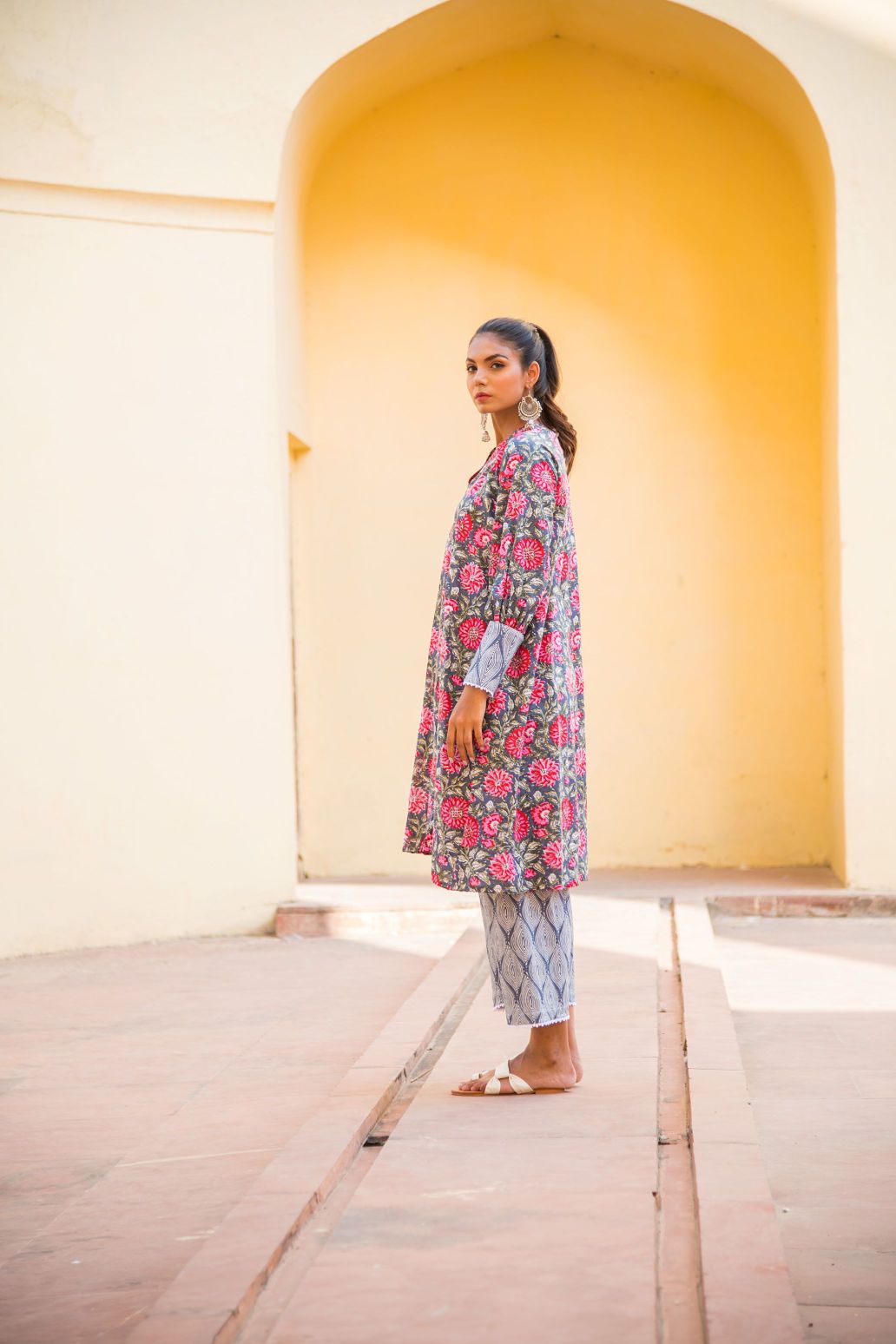 Pink Purple Floral Kurta with Geometry Print Short Pant Set