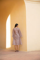 White Geometric Bell Sleeves Kurta With Floral Baritone Blue Front Panel