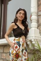 SWEETHEART NECK RUFFLED JET BLACK TOP WITH FLARED PANTS