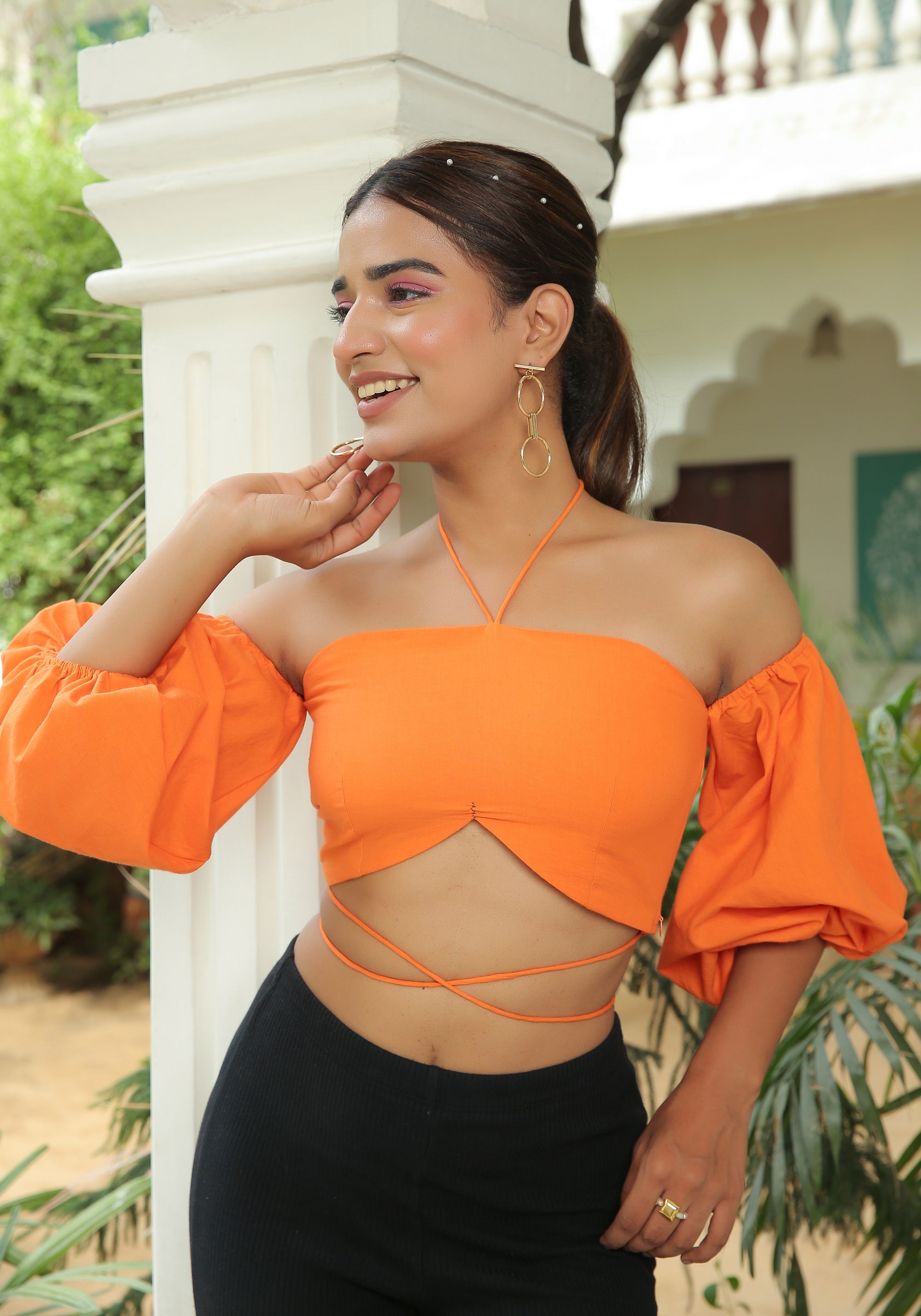 APRICOT CREAM ORANGE HALTER TIE UP AND WAIST TIE CROP TOP