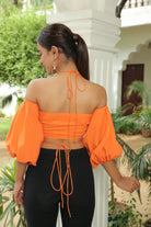 APRICOT CREAM ORANGE HALTER TIE UP AND WAIST TIE CROP TOP