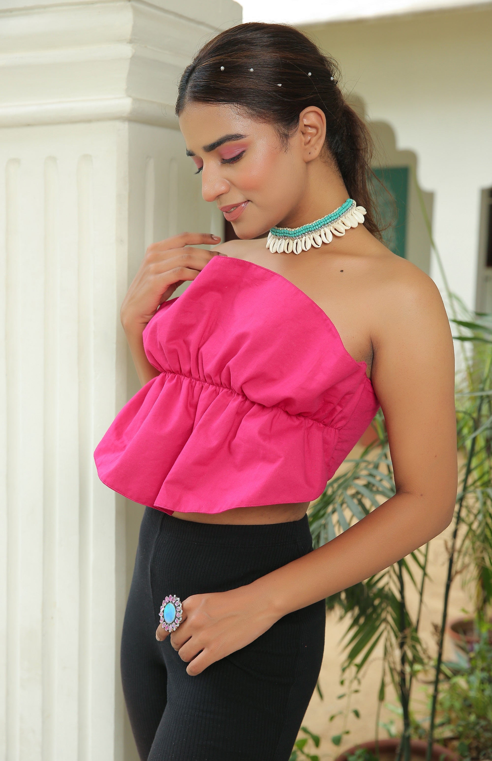 BERRY PINK RUFFLED TUBE CROP TOP