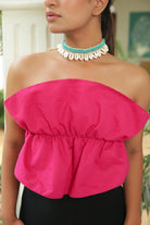 BERRY PINK RUFFLED TUBE CROP TOP