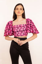Hot Pink Floral Volume Short Sleeves Summer Crop Top - Kaoribyshreya
