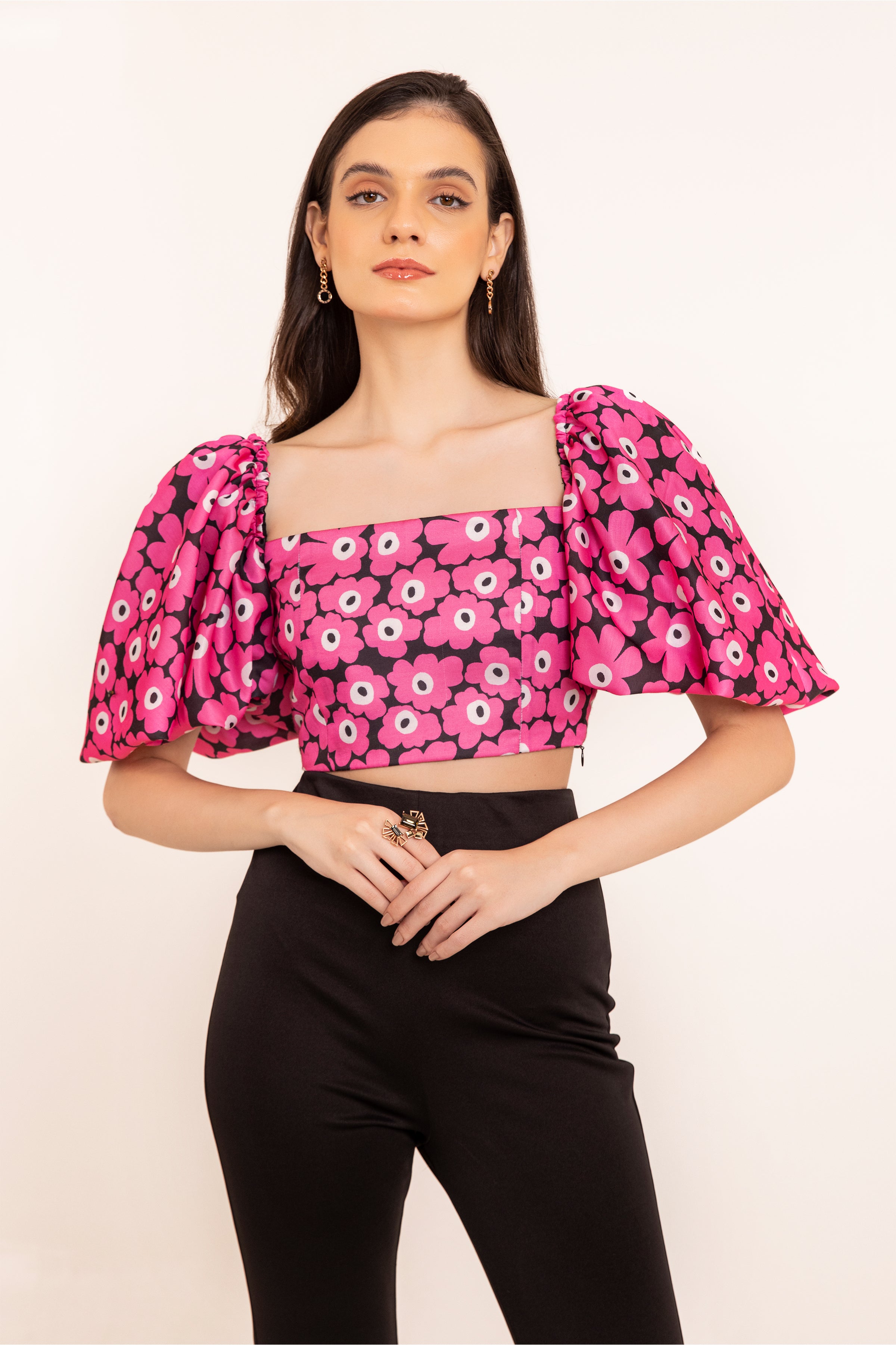 Hot Pink Floral Volume Short Sleeves Summer Crop Top - Kaoribyshreya