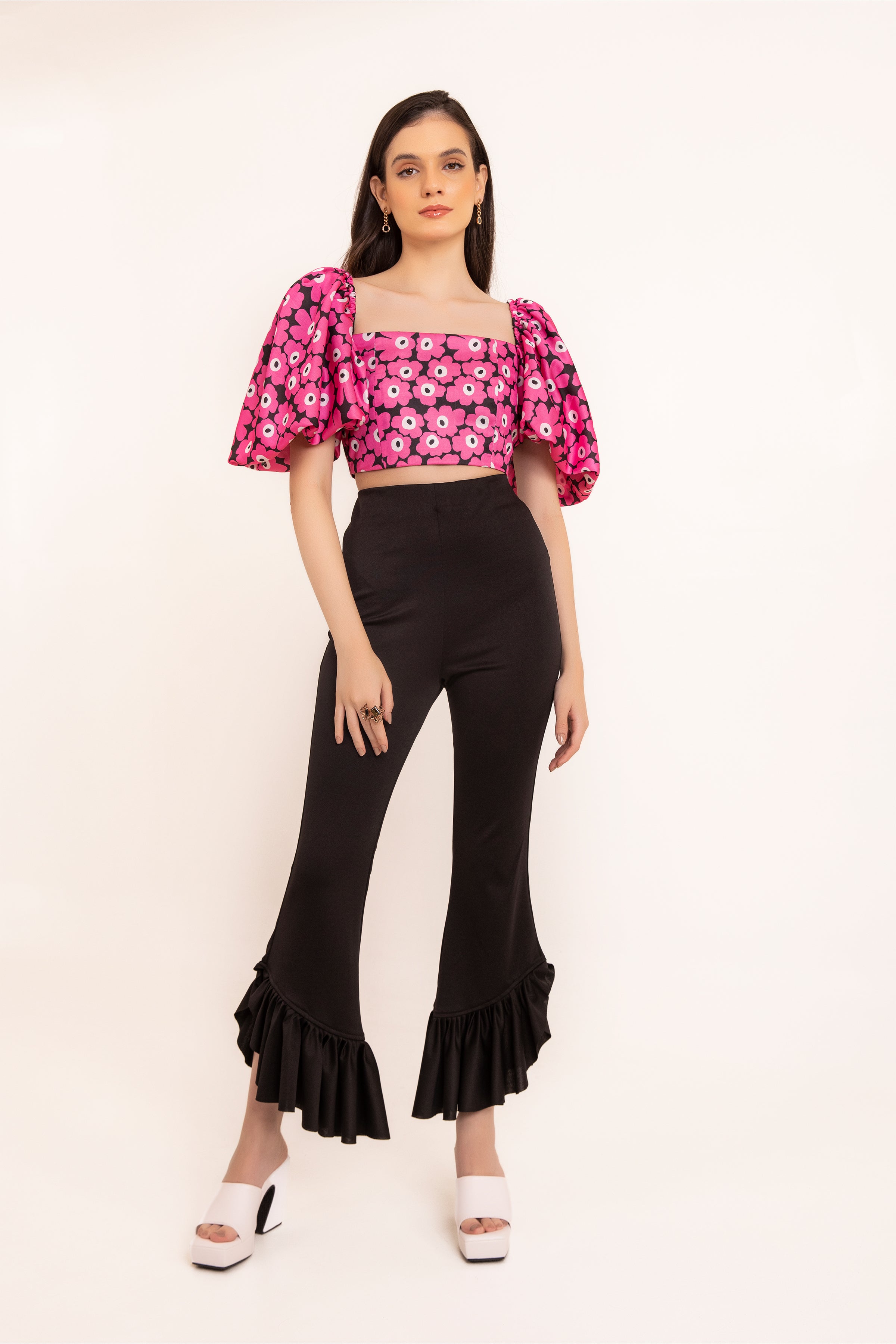 Hot Pink Floral Volume Short Sleeves Summer Crop Top - Kaoribyshreya