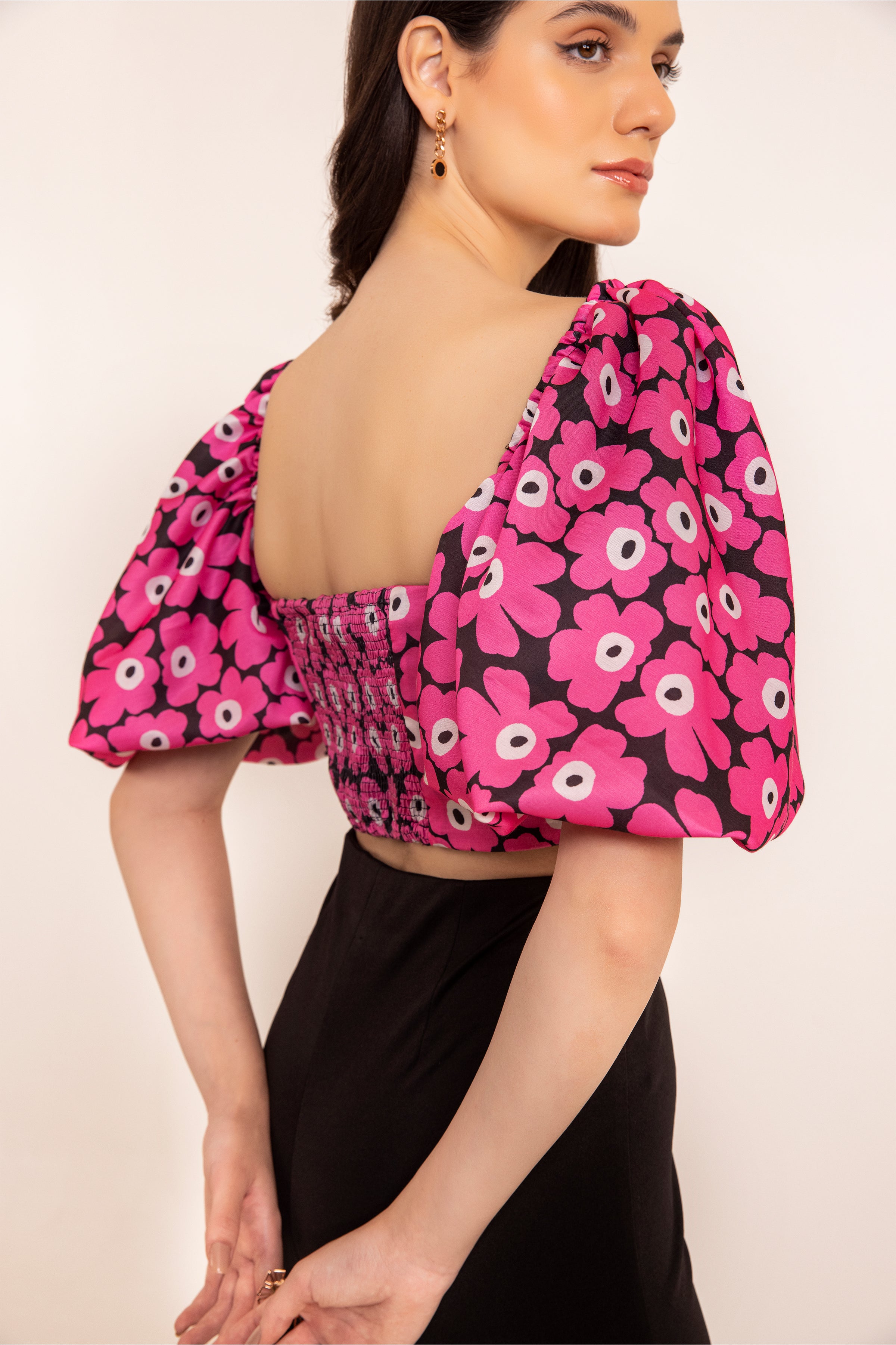 Hot Pink Floral Volume Short Sleeves Summer Crop Top - Kaoribyshreya