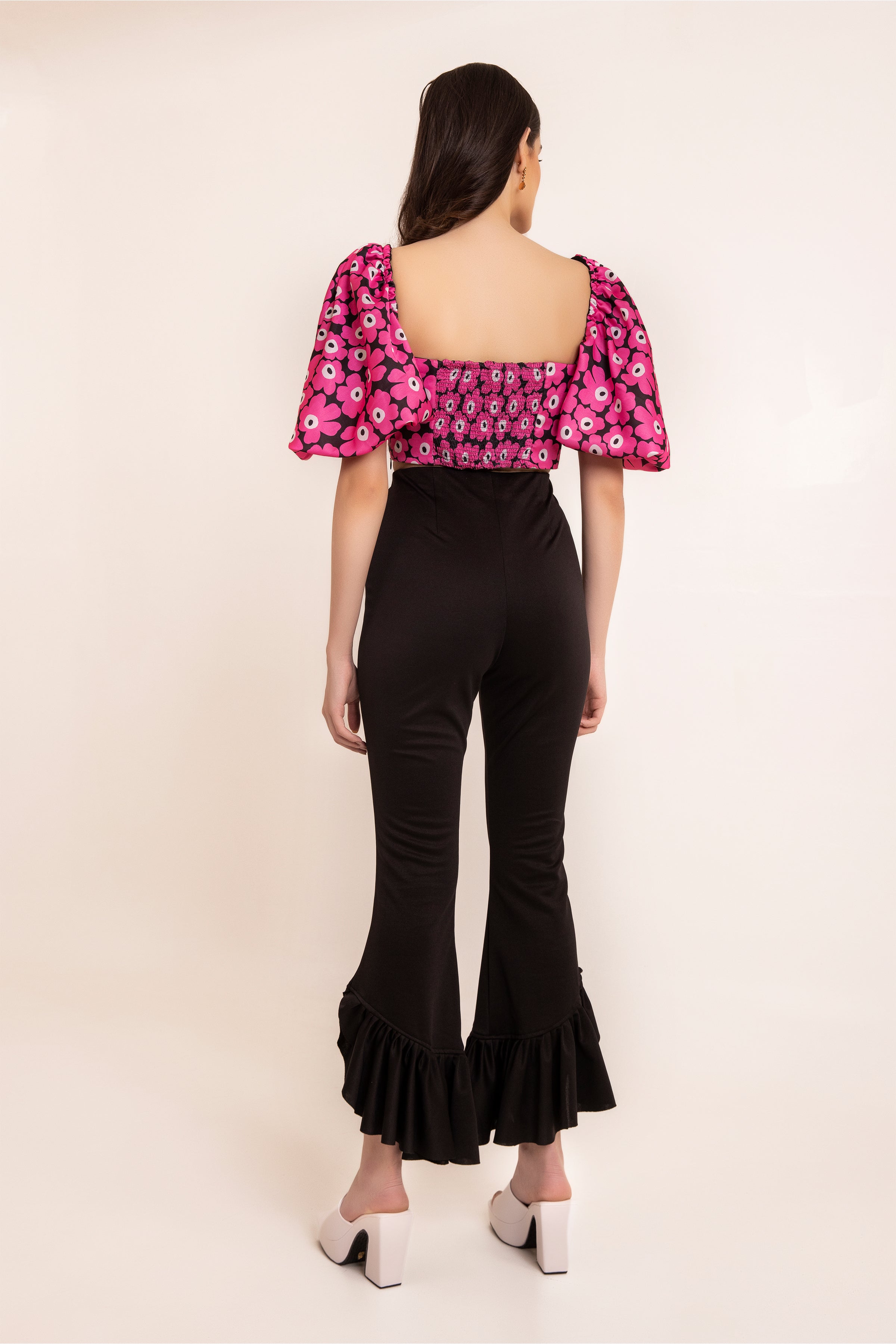 Hot Pink Floral Volume Short Sleeves Summer Crop Top - Kaoribyshreya