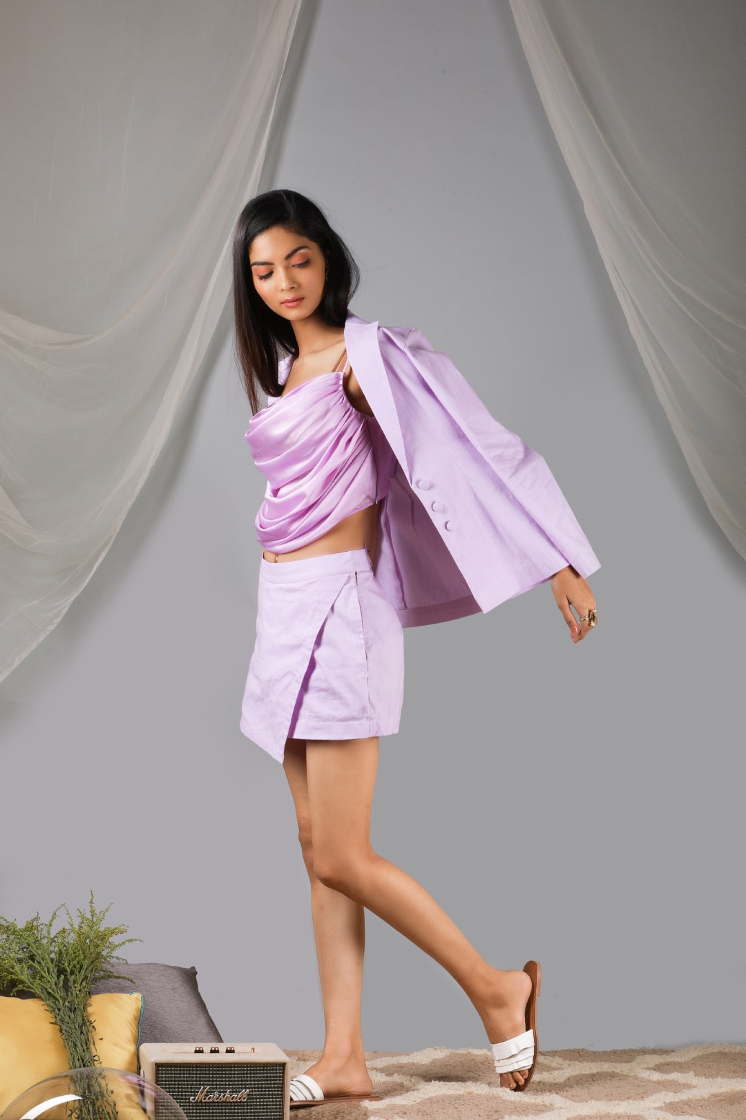 Pastel lilac cowl blouse with blazer skirt