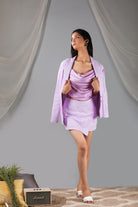 Pastel lilac cowl blouse with blazer skirt