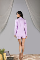 Pastel lilac cowl blouse with blazer skirt