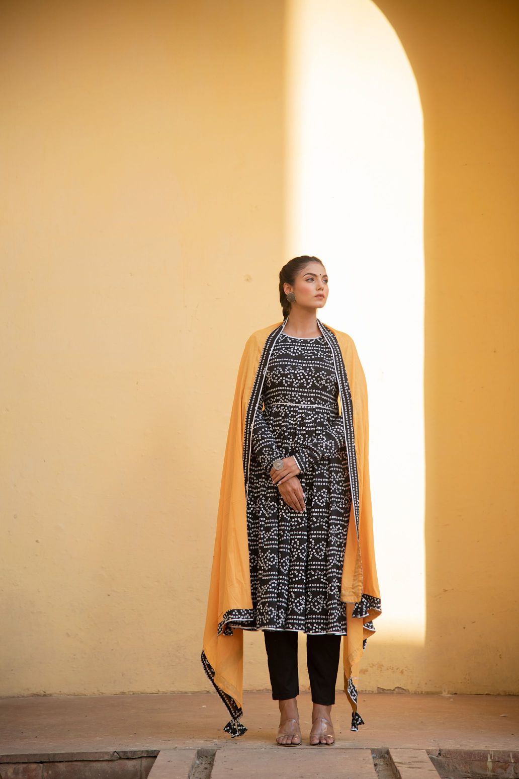 Black Bhandej Anarkali Suit Set with Mustard Dupatta