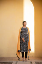 Black Bhandej Anarkali Suit Set with Mustard Dupatta