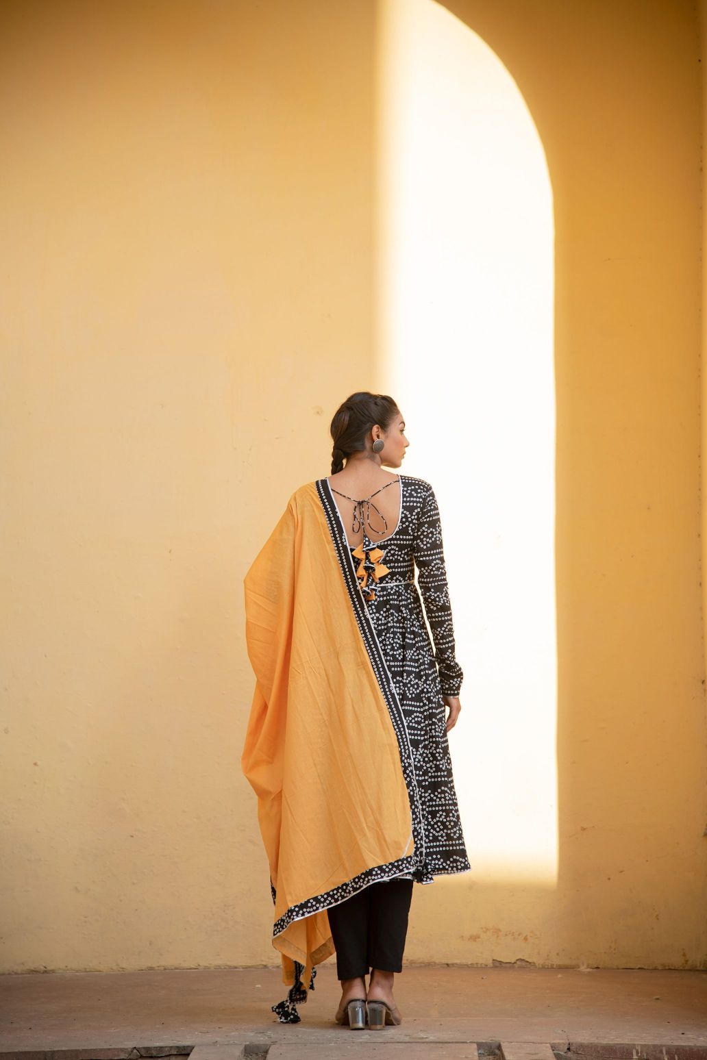 Black Bhandej Anarkali Suit Set with Mustard Dupatta