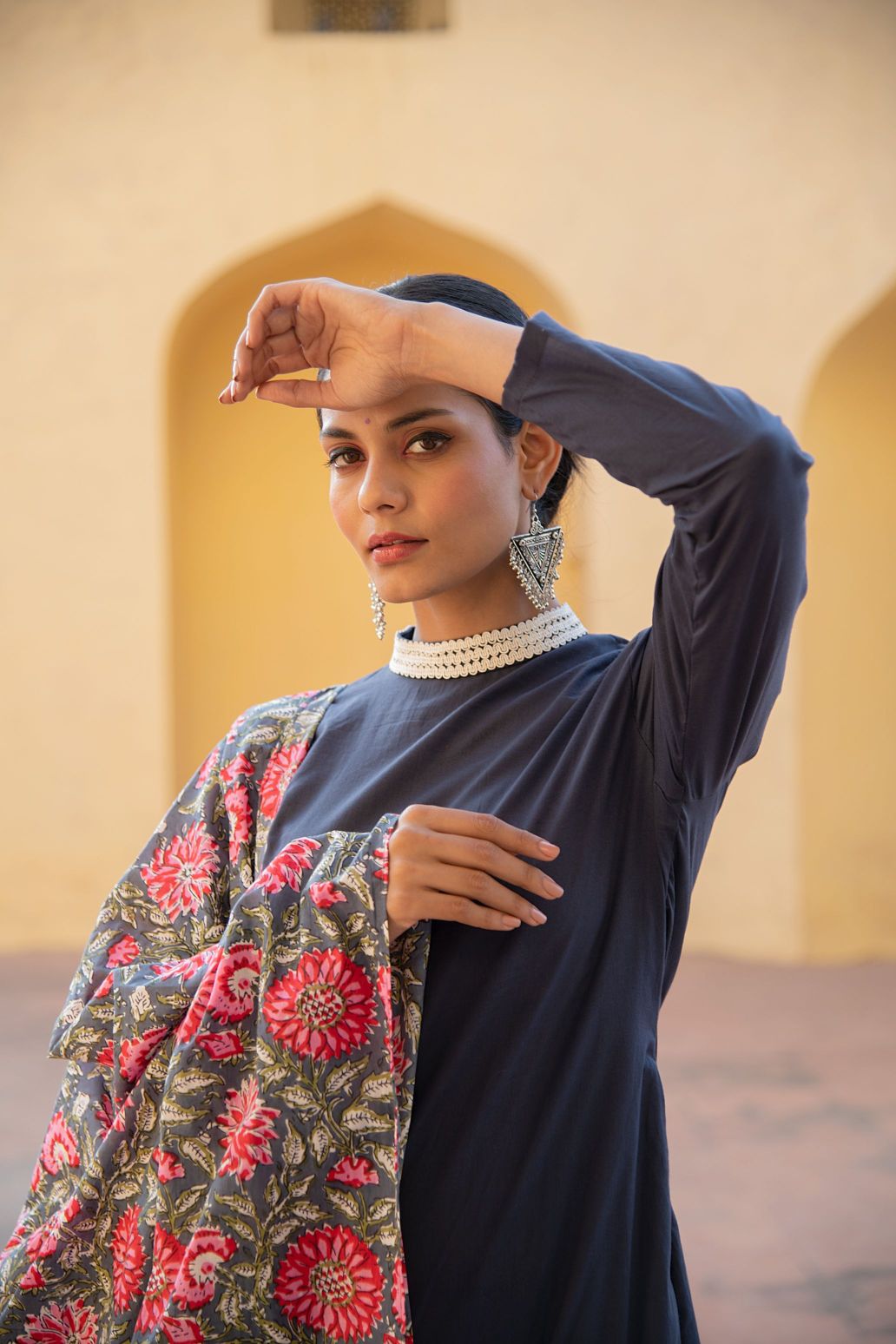 Blue Pansy High Neck Lace Detailing Kurta Set with Handblock Floral Print Dupatta