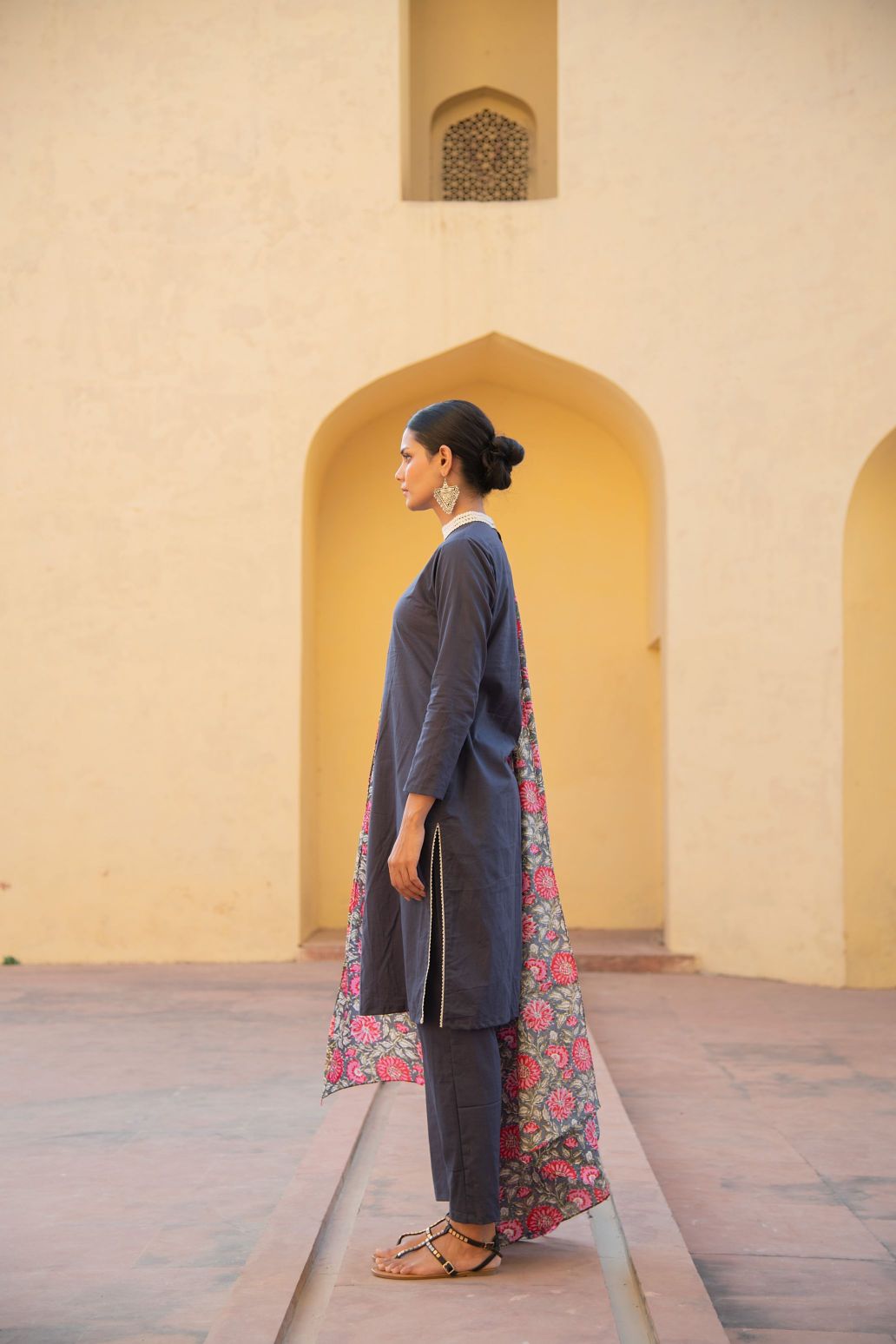 Blue Pansy High Neck Lace Detailing Kurta Set with Handblock Floral Print Dupatta