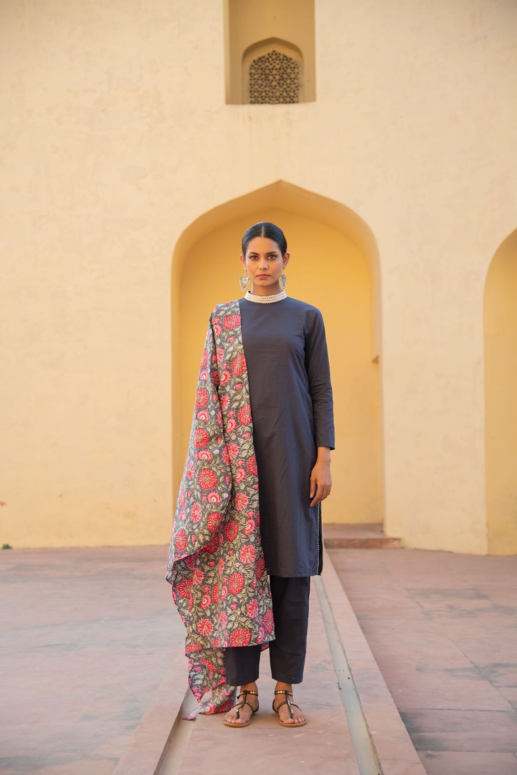 Blue Pansy High Neck Lace Detailing Kurta Set with Handblock Floral Print Dupatta