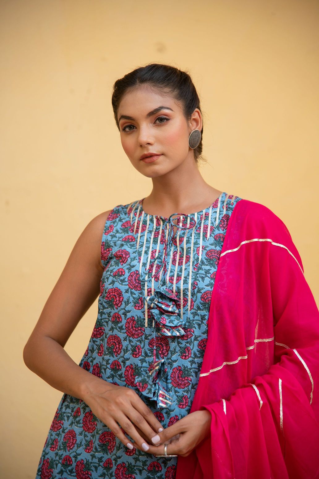 Bella Blue Pink Floral Kurta with Short Pant and Fuschia Pink Dupatta Set