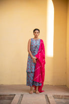 Bella Blue Pink Floral Kurta with Short Pant and Fuschia Pink Dupatta Set