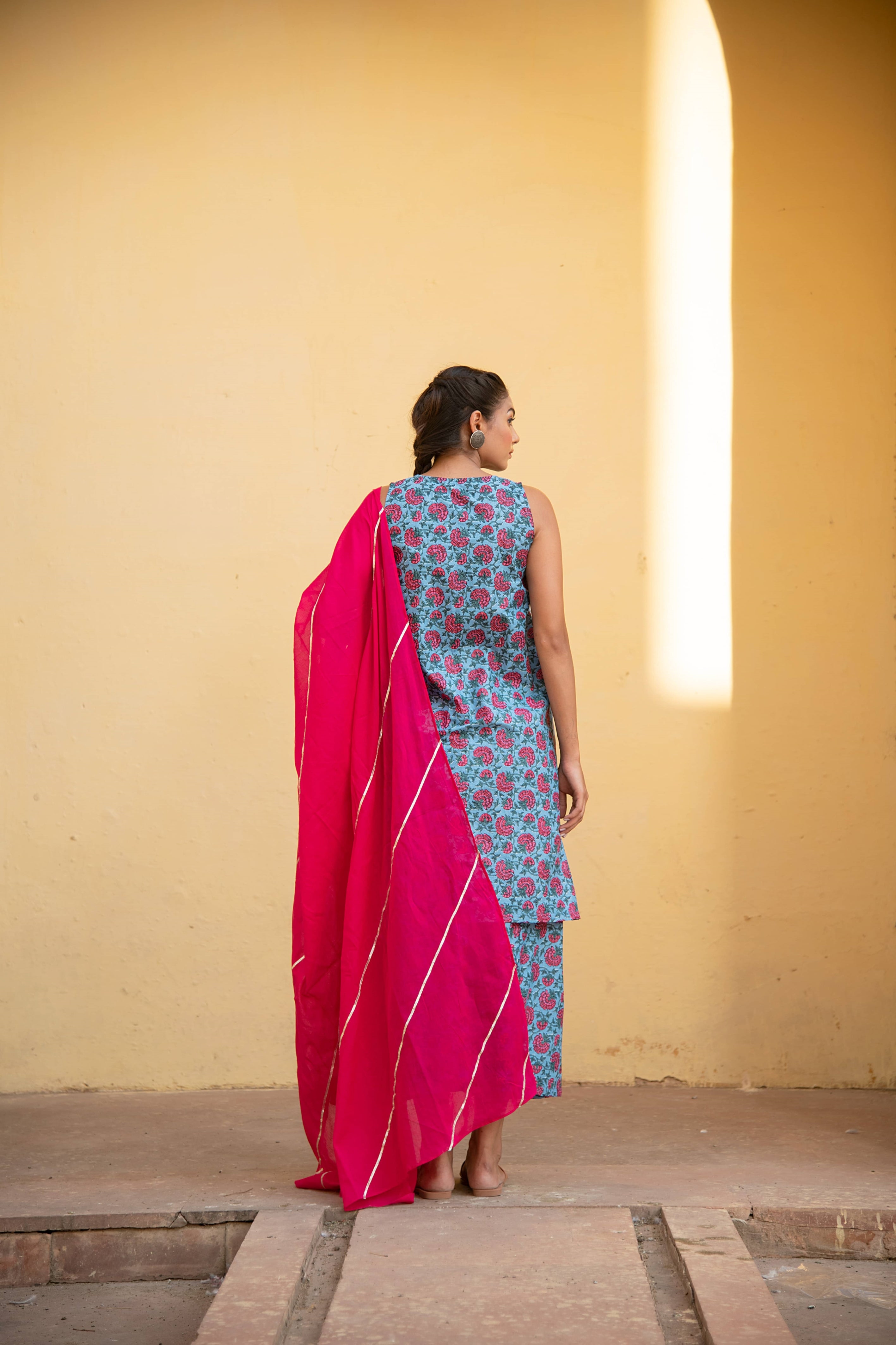 Bella Blue Pink Floral Kurta with Short Pant and Fuschia Pink Dupatta Set