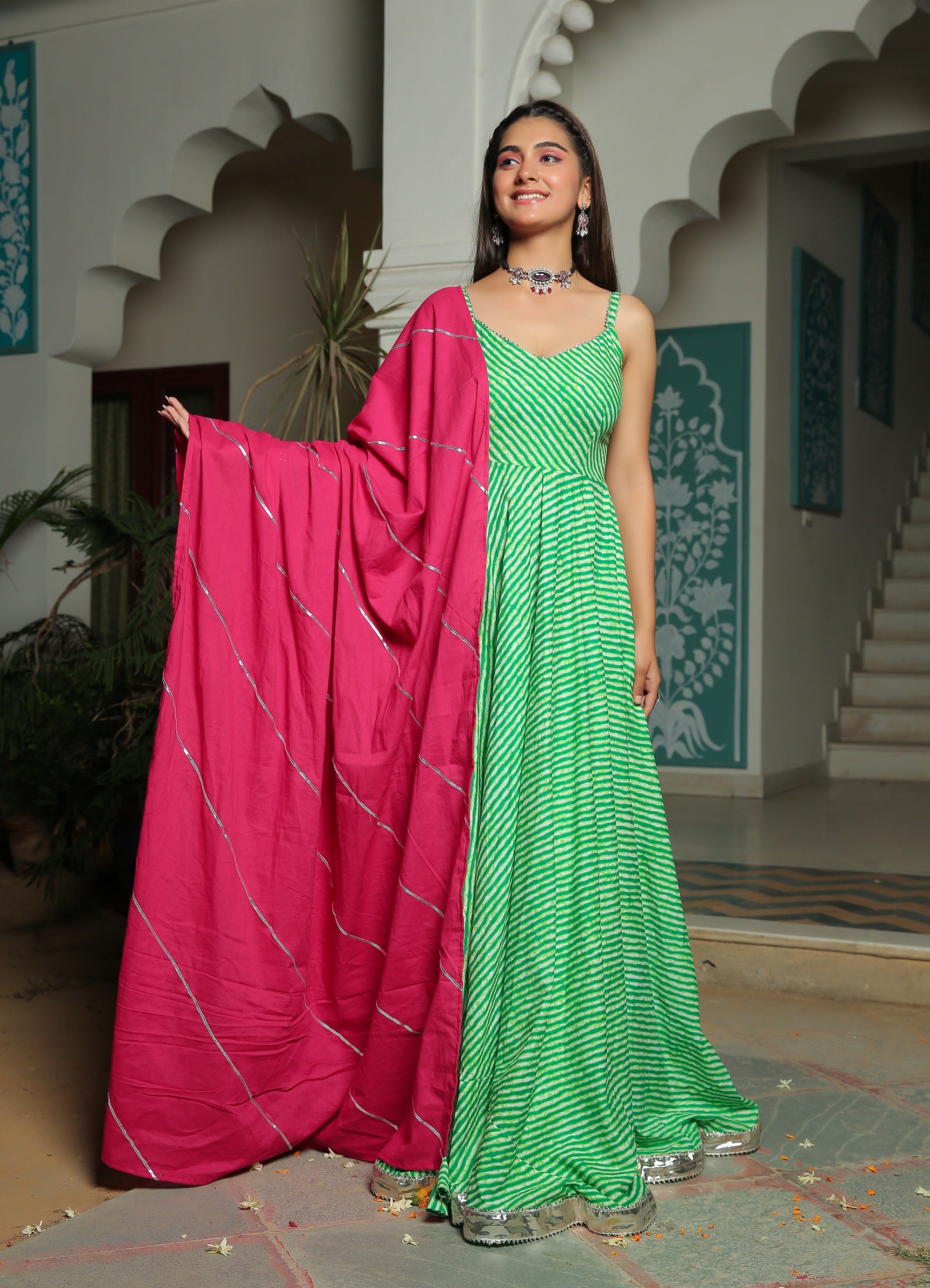 GREEN LEHRIYA ANARKALI DRESS WITH HOT PINK DUPATTA