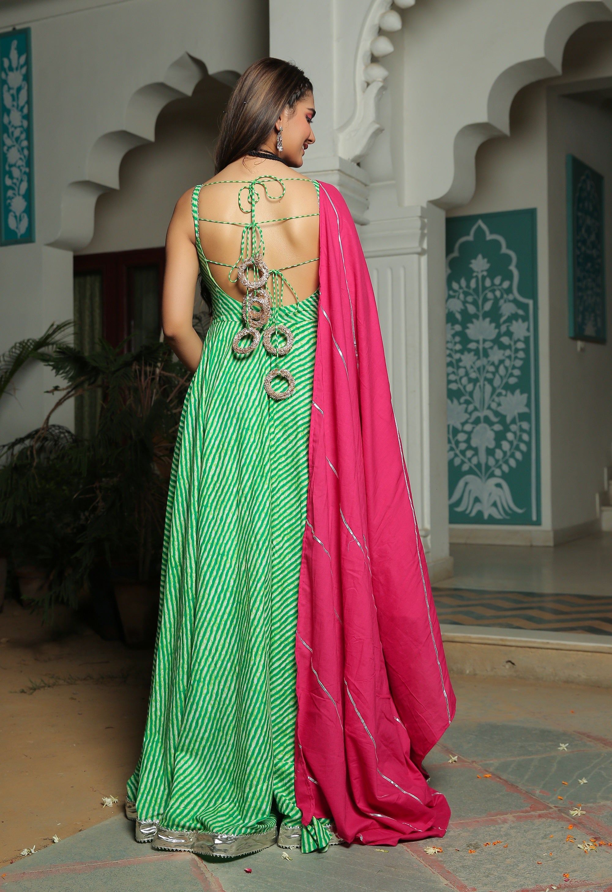 GREEN LEHRIYA ANARKALI DRESS WITH HOT PINK DUPATTA