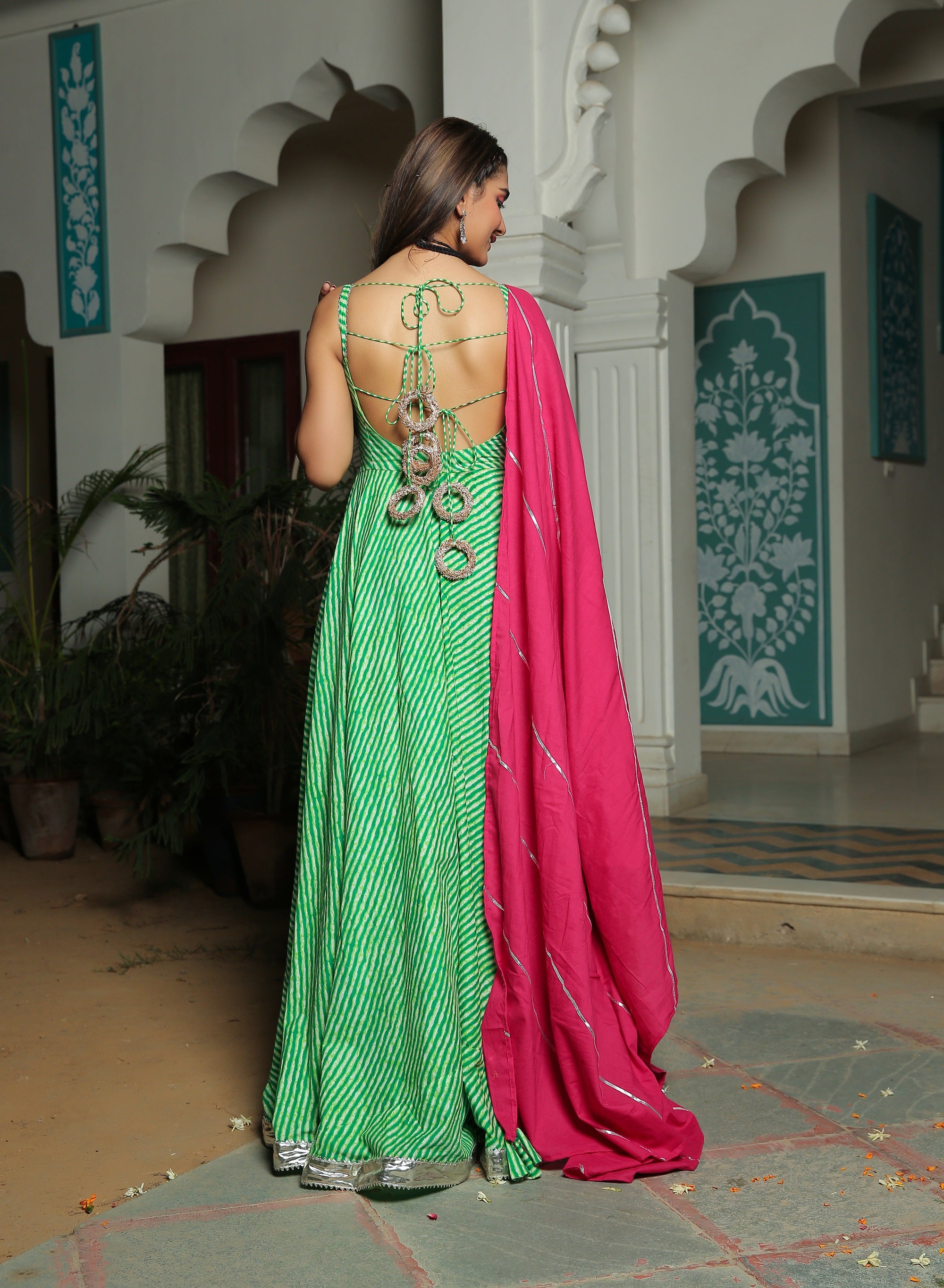 GREEN LEHRIYA ANARKALI DRESS WITH HOT PINK DUPATTA