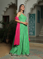 GREEN LEHRIYA ANARKALI DRESS WITH HOT PINK DUPATTA