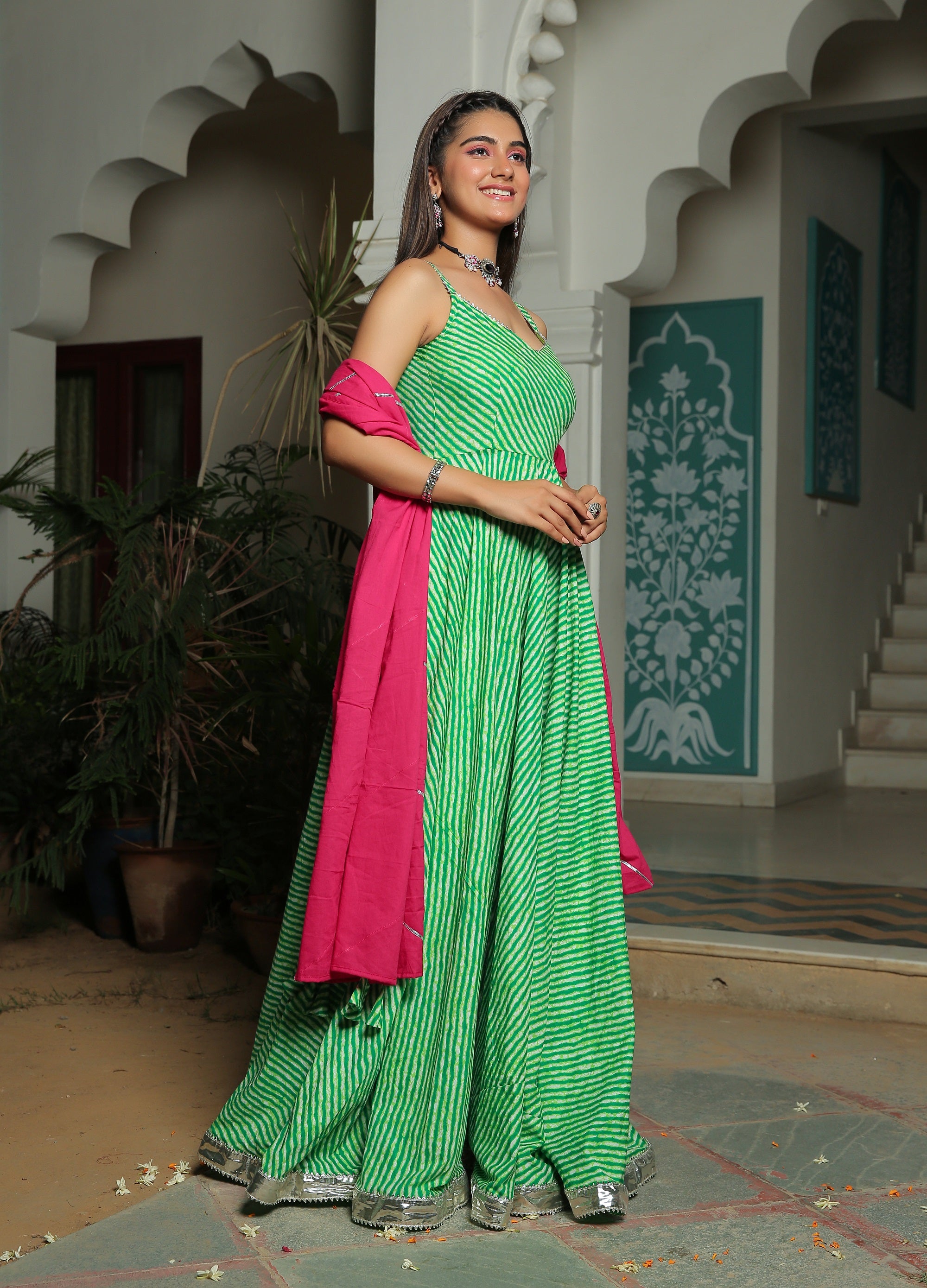 GREEN LEHRIYA ANARKALI DRESS WITH HOT PINK DUPATTA
