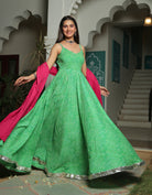 GREEN LEHRIYA ANARKALI DRESS WITH HOT PINK DUPATTA