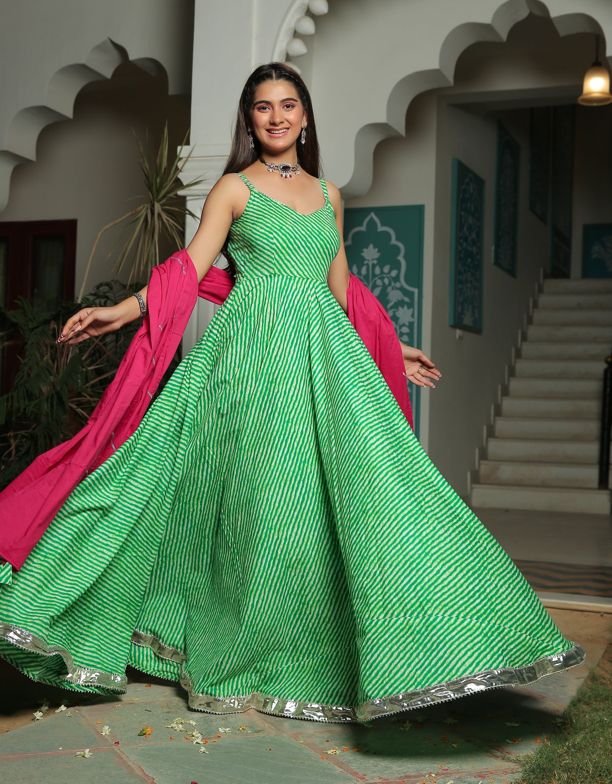 GREEN LEHRIYA ANARKALI DRESS WITH HOT PINK DUPATTA