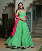 GREEN LEHRIYA ANARKALI DRESS WITH HOT PINK DUPATTA