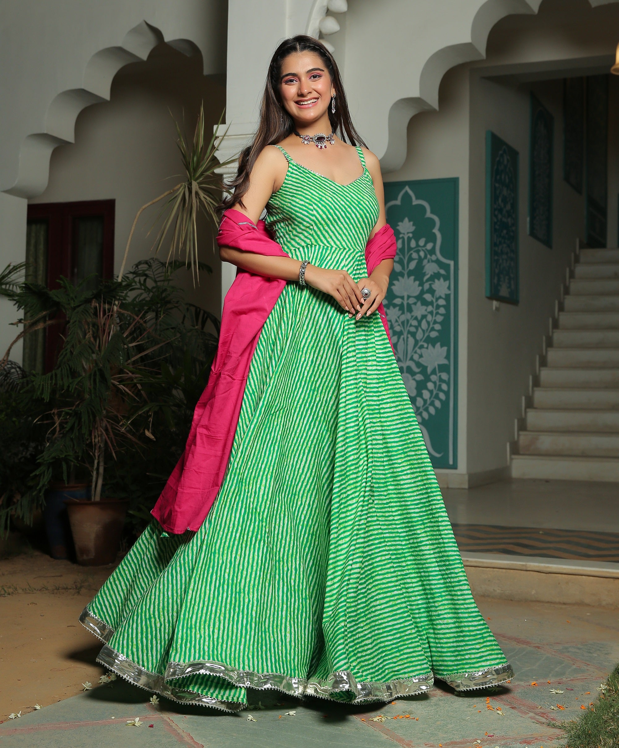 GREEN LEHRIYA ANARKALI DRESS WITH HOT PINK DUPATTA