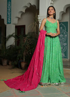 GREEN LEHRIYA ANARKALI DRESS WITH HOT PINK DUPATTA