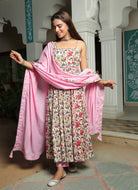IVORY FLORAL ANARKALI SUIT WITH BABY PINK DUPATTA SET