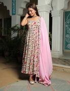 IVORY FLORAL ANARKALI SUIT WITH BABY PINK DUPATTA SET