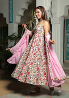 IVORY FLORAL ANARKALI SUIT WITH BABY PINK DUPATTA SET