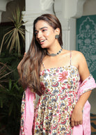 IVORY FLORAL ANARKALI SUIT WITH BABY PINK DUPATTA SET