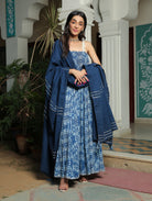 SMOCKED MEDITERRANIAN BLUE ANARKALI KURTA WITH PANT AND GOTA HIGHLIGHTED DUPATTA