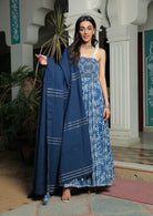 SMOCKED MEDITERRANIAN BLUE ANARKALI KURTA WITH PANT AND GOTA HIGHLIGHTED DUPATTA