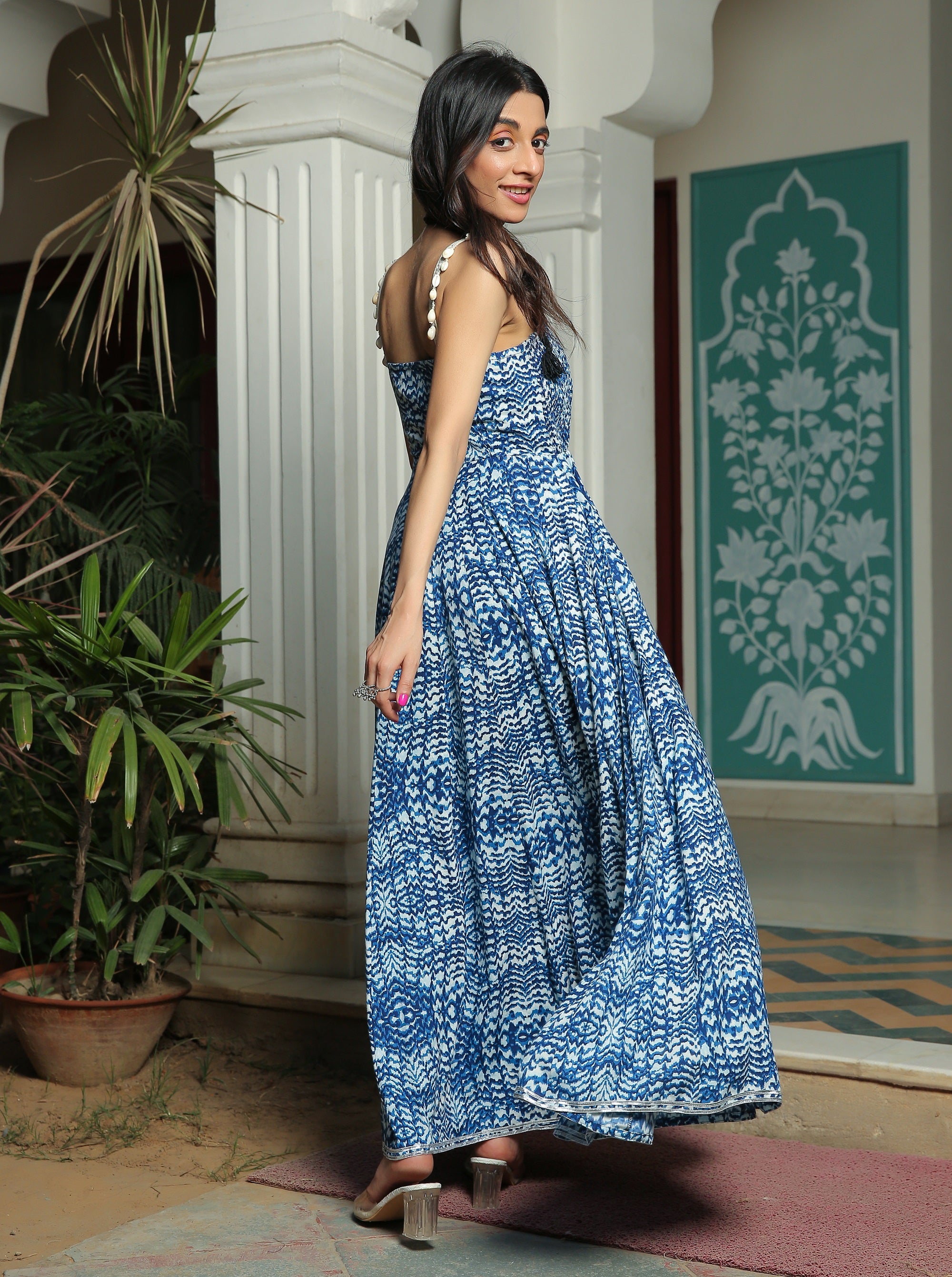 SMOCKED MEDITERRANIAN BLUE ANARKALI KURTA WITH PANT AND GOTA HIGHLIGHTED DUPATTA